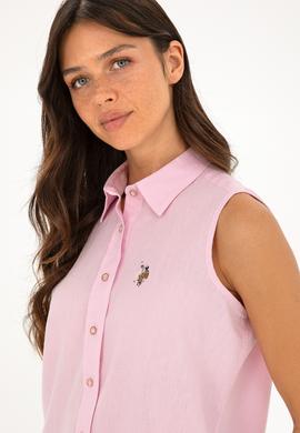 Kadın Pembe Keten Görünümlü Kısa Kollu Gömlek - 50288909018