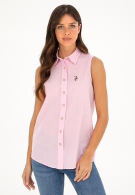 Kadın Pembe Keten Görünümlü Kısa Kollu Gömlek - 50288909018