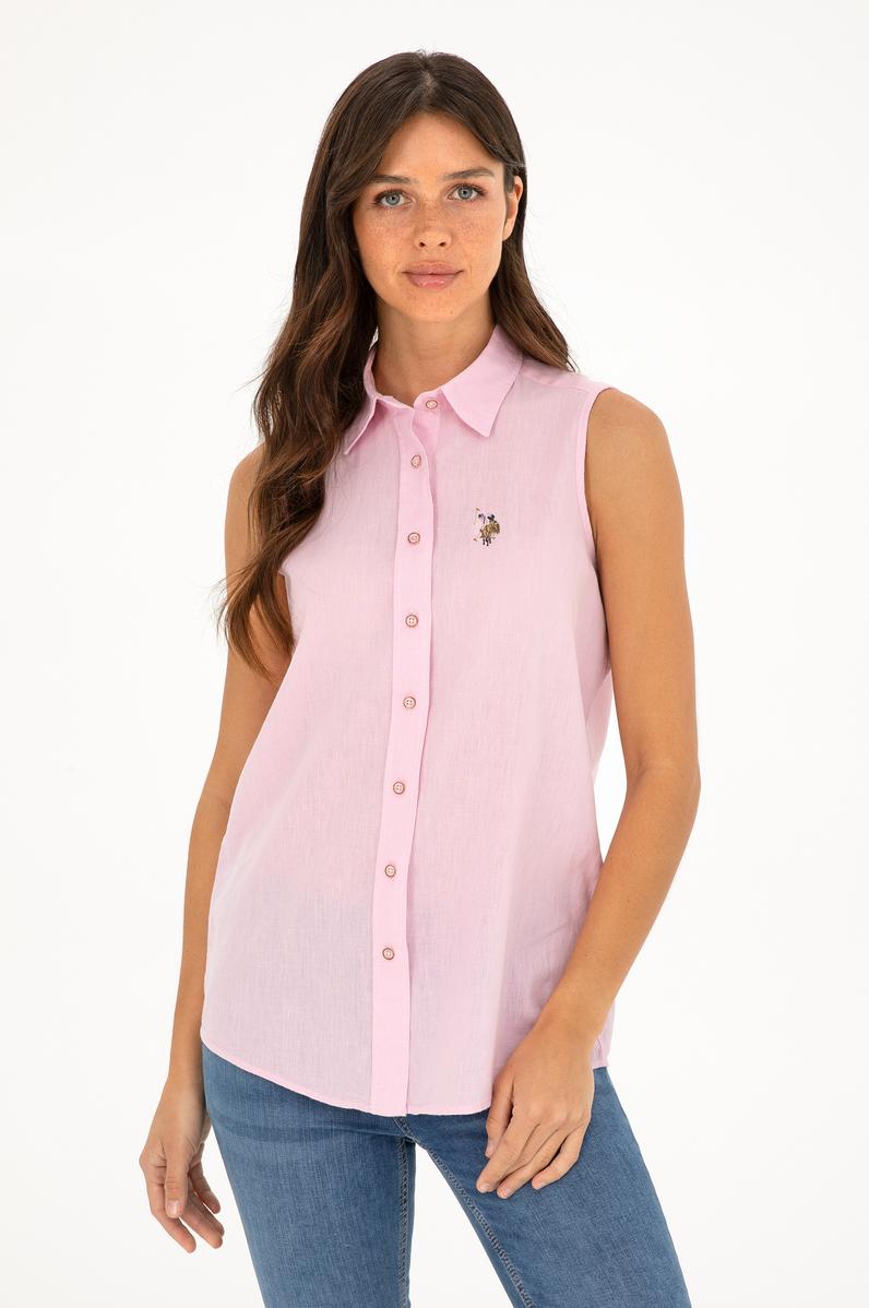 Kadın Pembe Keten Görünümlü Kısa Kollu Gömlek