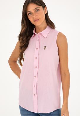 Kadın Pembe Keten Görünümlü Kısa Kollu Gömlek - 50288909018