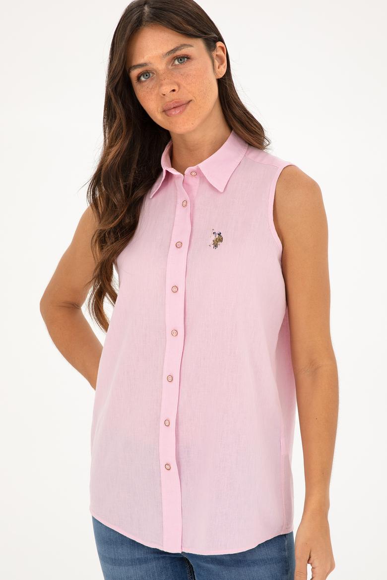 Kadın Pembe Keten Görünümlü Kısa Kollu Gömlek - 50288909018