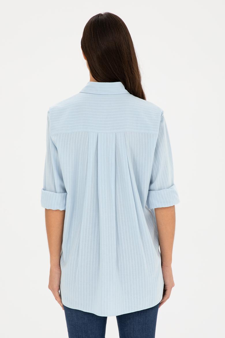 Kadın Açık Mavi Keten Görünümlü Uzun Kollu Gömlek - 50289089002