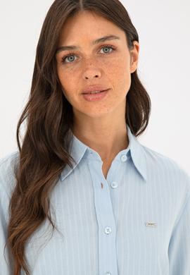 Kadın Açık Mavi Keten Görünümlü Uzun Kollu Gömlek - 50289089002