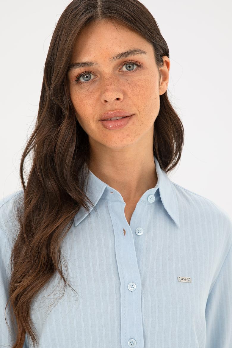 Kadın Açık Mavi Keten Görünümlü Uzun Kollu Gömlek - 50289089002