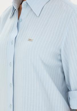 Kadın Açık Mavi Keten Görünümlü Uzun Kollu Gömlek - 50289089002