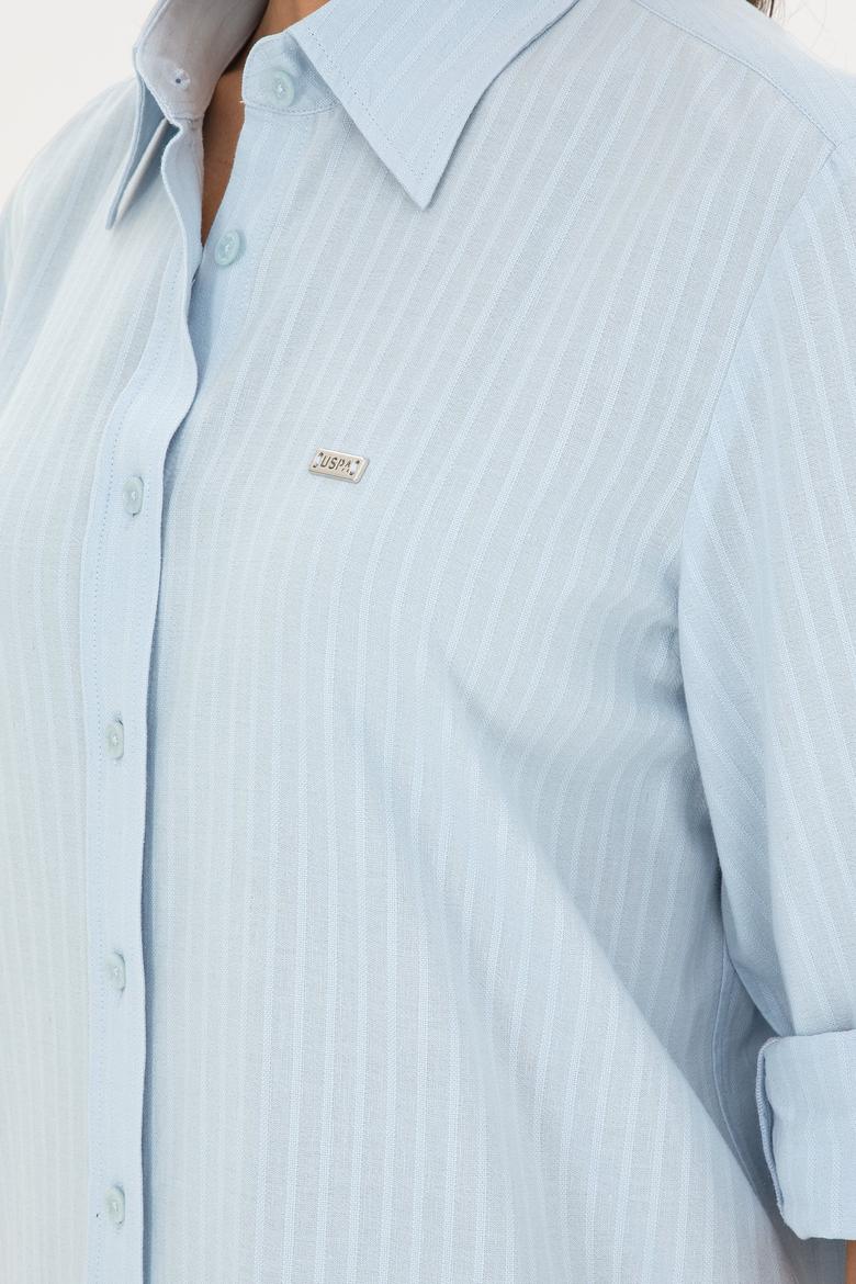 Kadın Açık Mavi Keten Görünümlü Uzun Kollu Gömlek - 50289089002