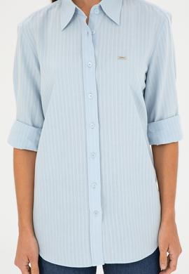 Kadın Açık Mavi Keten Görünümlü Uzun Kollu Gömlek - 50289089002