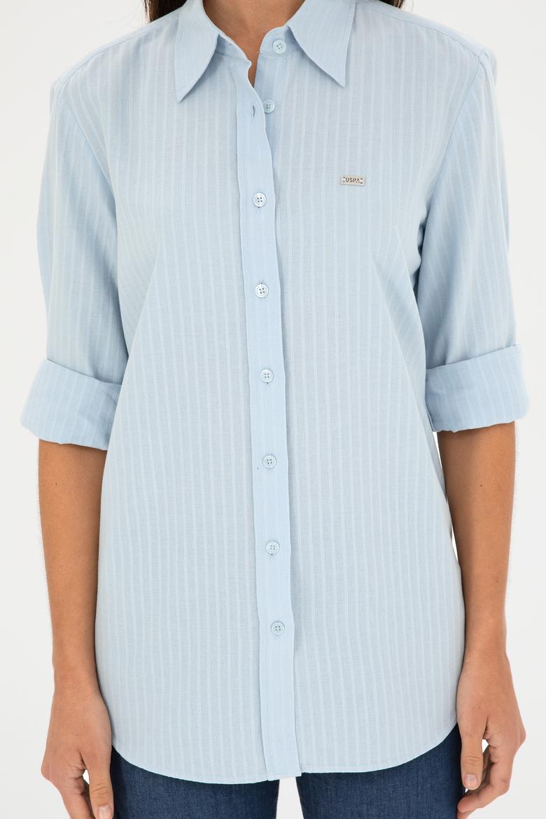 Kadın Açık Mavi Keten Görünümlü Uzun Kollu Gömlek - 50289089002