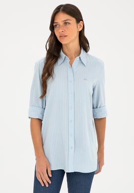 Kadın Açık Mavi Keten Görünümlü Uzun Kollu Gömlek - 50289089002