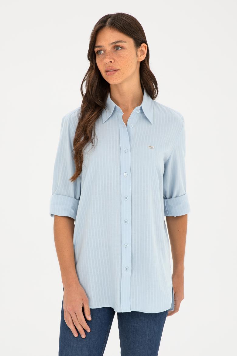 Kadın Açık Mavi Keten Görünümlü Uzun Kollu Gömlek