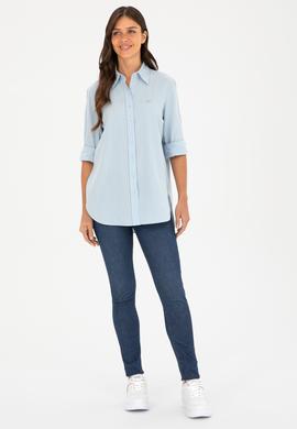Kadın Açık Mavi Keten Görünümlü Uzun Kollu Gömlek - 50289089002