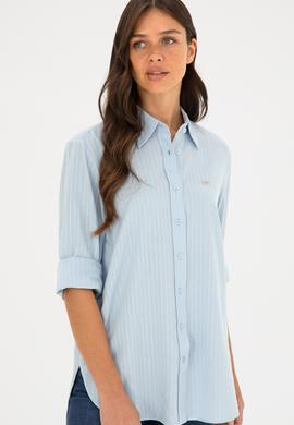Kadın Açık Mavi Keten Görünümlü Uzun Kollu Gömlek - 50289089002