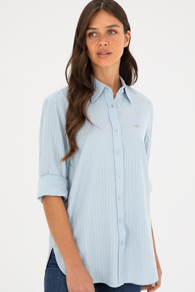 Kadın Açık Mavi Keten Görünümlü Uzun Kollu Gömlek - 50289089002