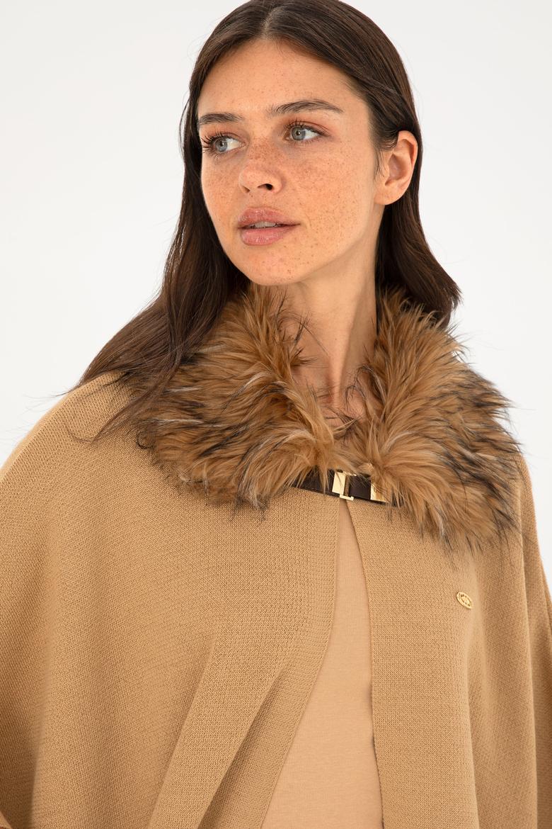 Kadın Kum Melanj Triko Panço - 50270464008