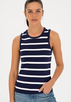 Kadın Lacivert Kolsuz Bisiklet Yaka Tişört - 50281783015