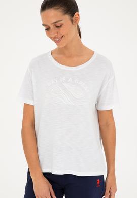 Kadın Beyaz Bisiklet Yaka Tişört - 50283780005