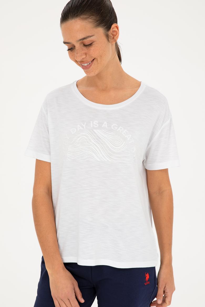 Kadın Beyaz Bisiklet Yaka Tişört - 50283780005