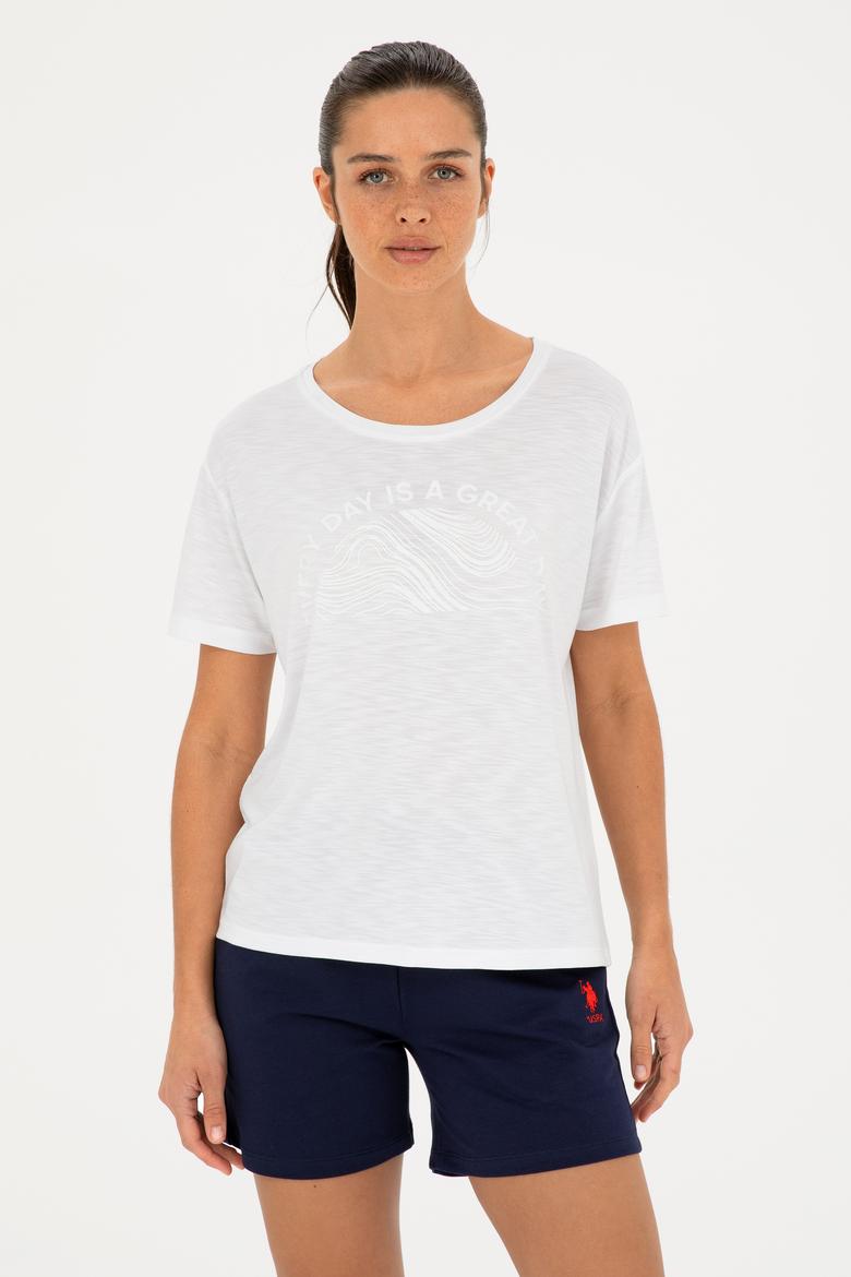 Kadın Beyaz Bisiklet Yaka Tişört