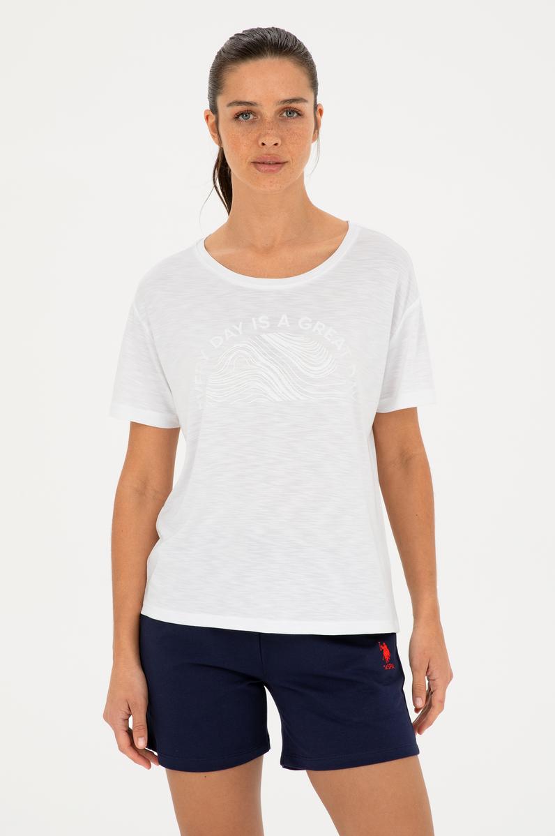 Kadın Beyaz Bisiklet Yaka Tişört