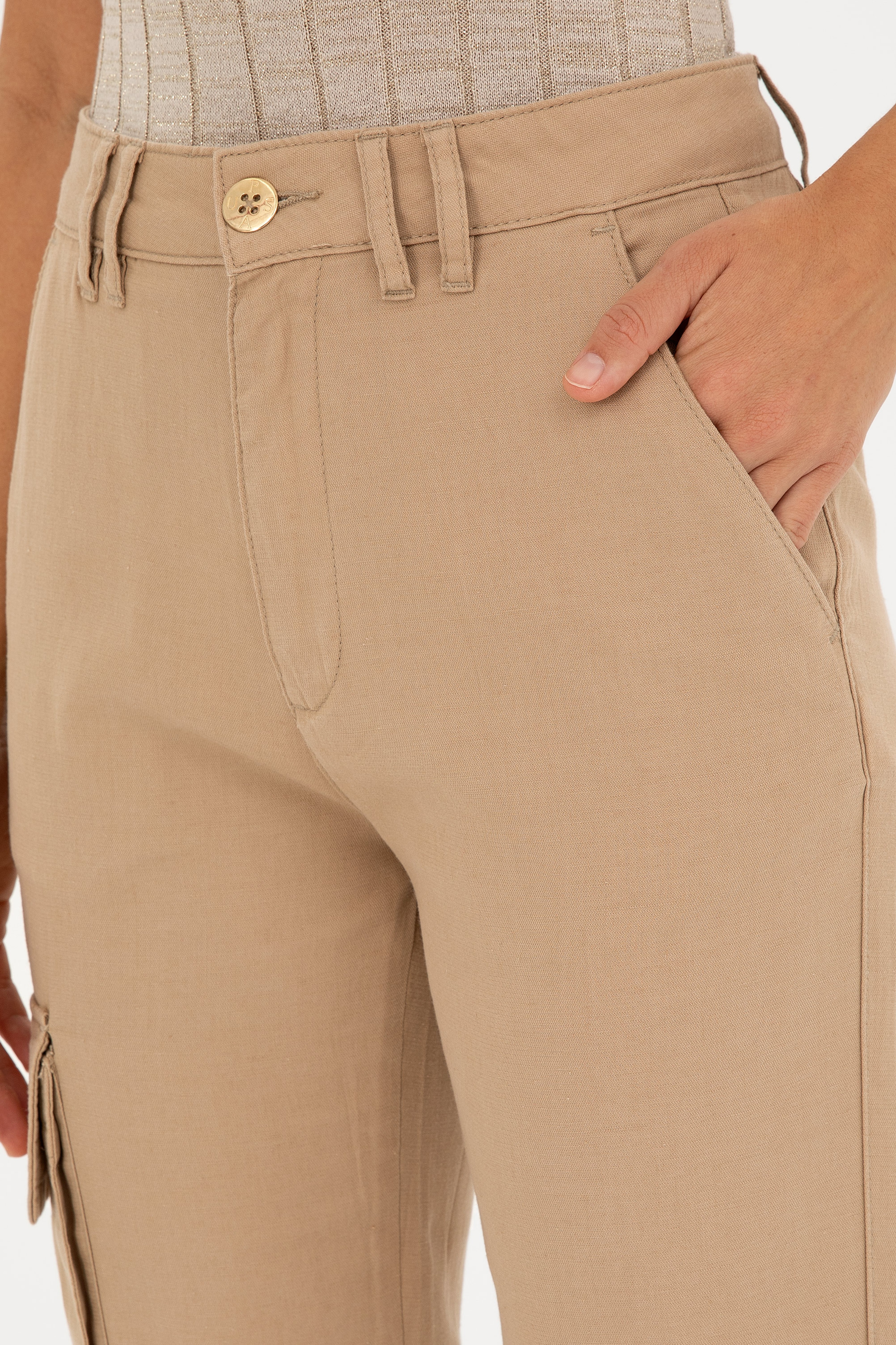 Kadın Kum Carrot Hight Waist Kanvas Pantolon