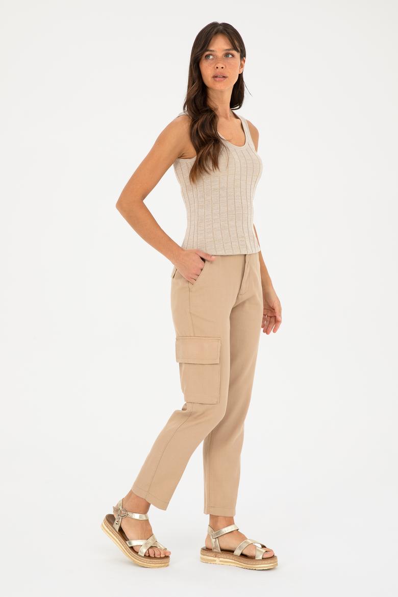 Kadın Kum Carrot Hight Waist Kanvas Pantolon - 50282581051