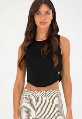 Kadın Siyah Bsiklet Yaka Crop Basic Tişört - 50288570015