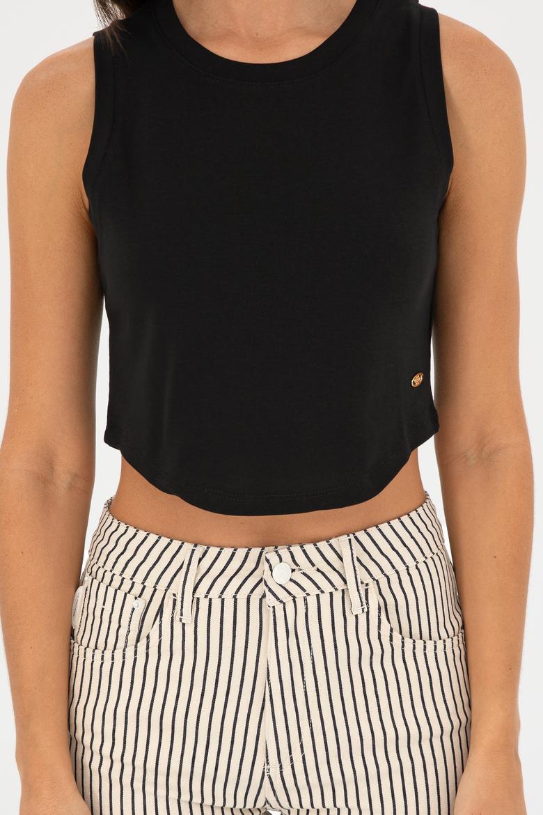 Kadın Siyah Bsiklet Yaka Crop Basic Tişört - 50288570015