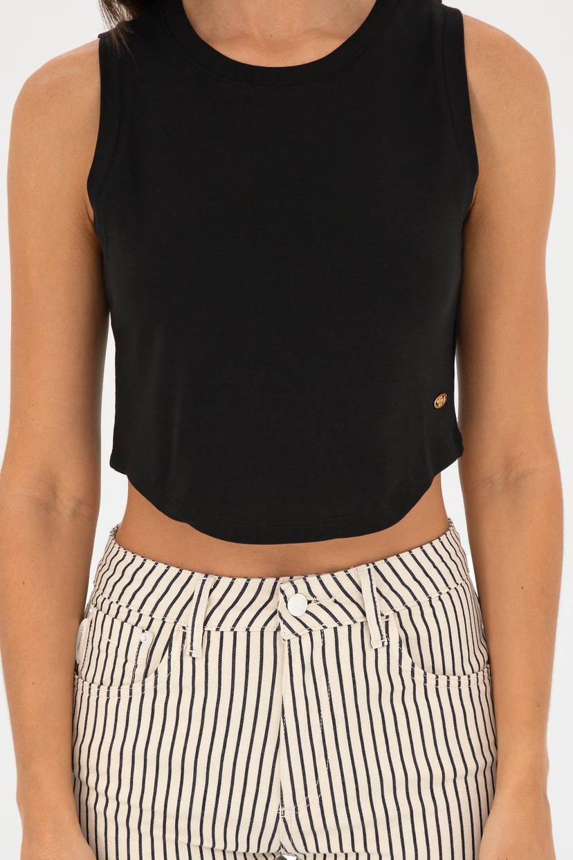 Kadın Siyah Bsiklet Yaka Crop Basic Tişört