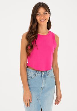 Kadın Fuşya Bisiklet Yaka Crop Basic Tişört - 50288570023