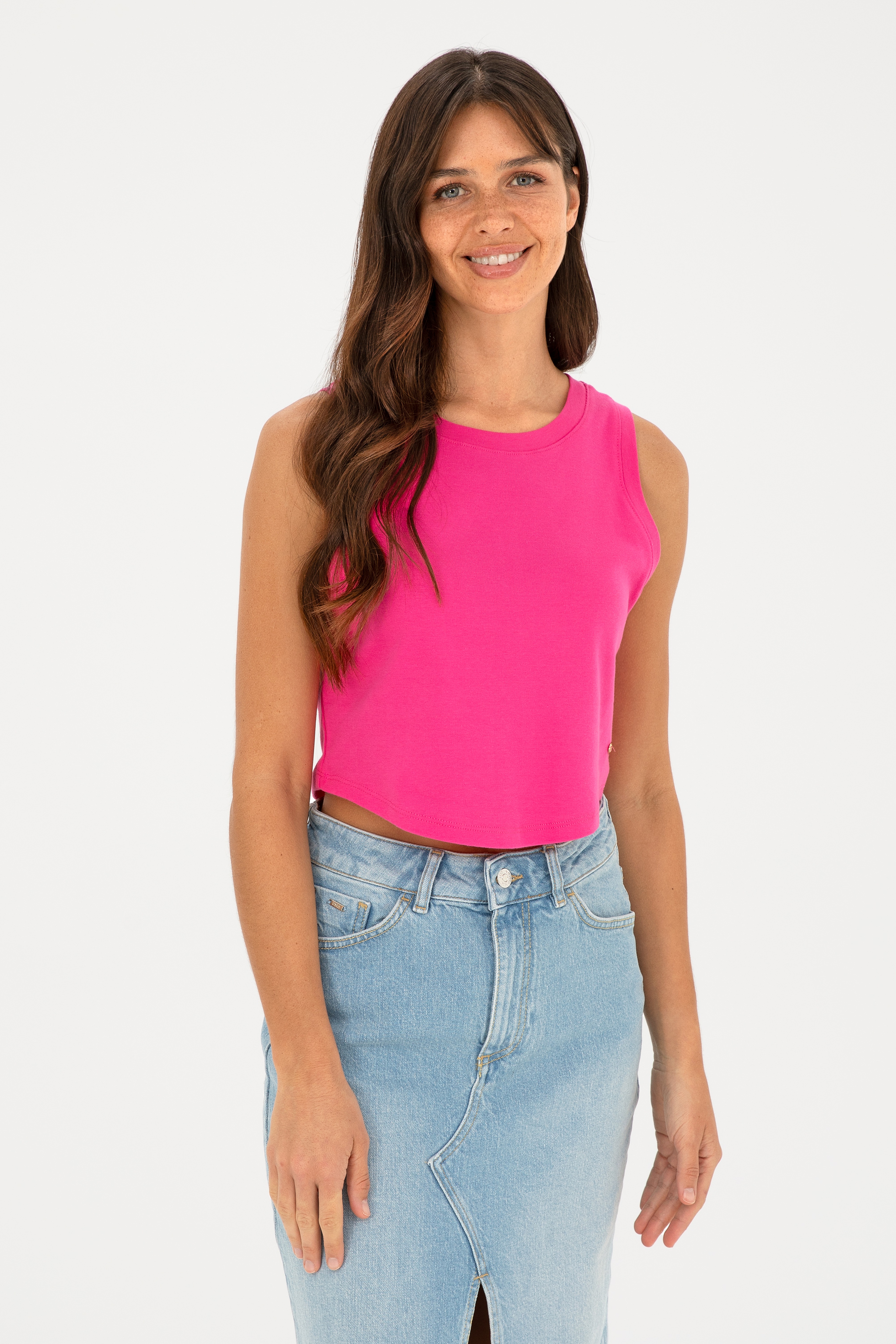 Kadın Fuşya Bisiklet Yaka Crop Basic Tişört - Image 1
