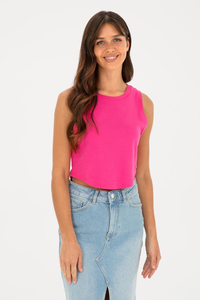 Kadın Fuşya Bisiklet Yaka Crop Basic Tişört