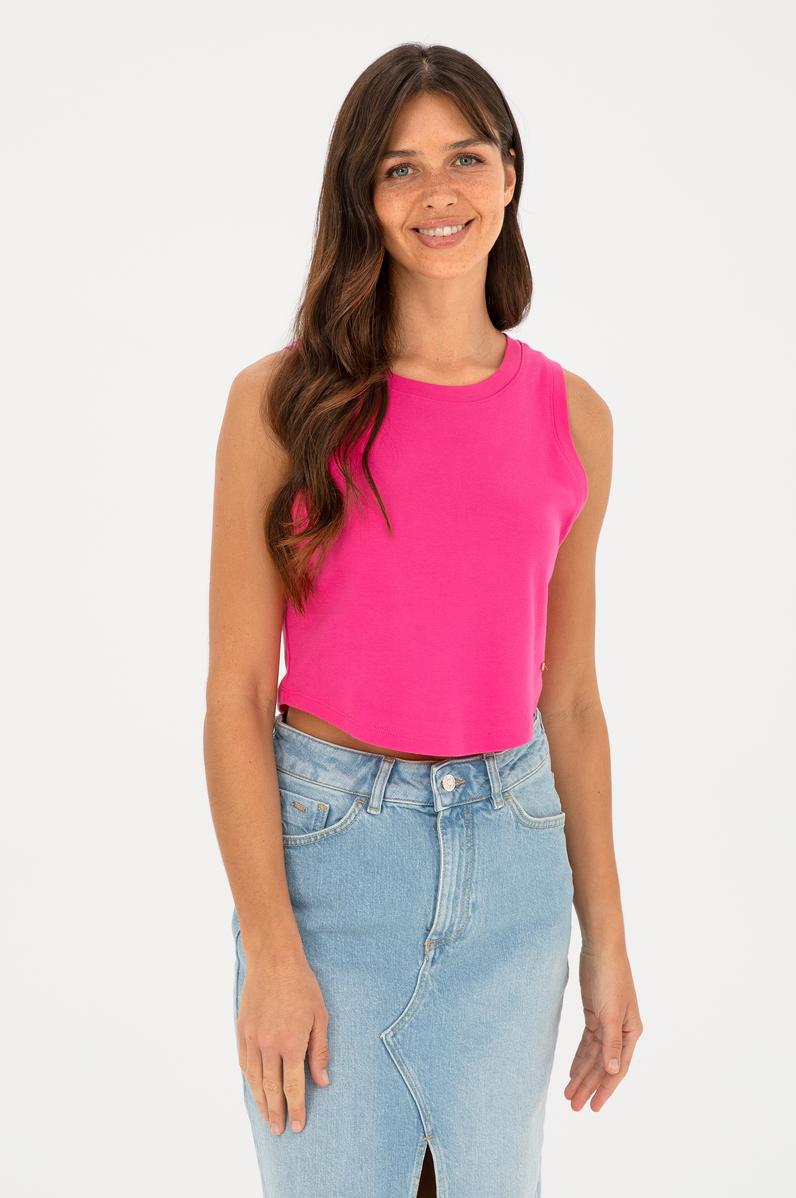 Kadın Fuşya Bisiklet Yaka Crop Basic Tişört