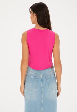 Kadın Fuşya Bisiklet Yaka Crop Basic Tişört - 50288570023