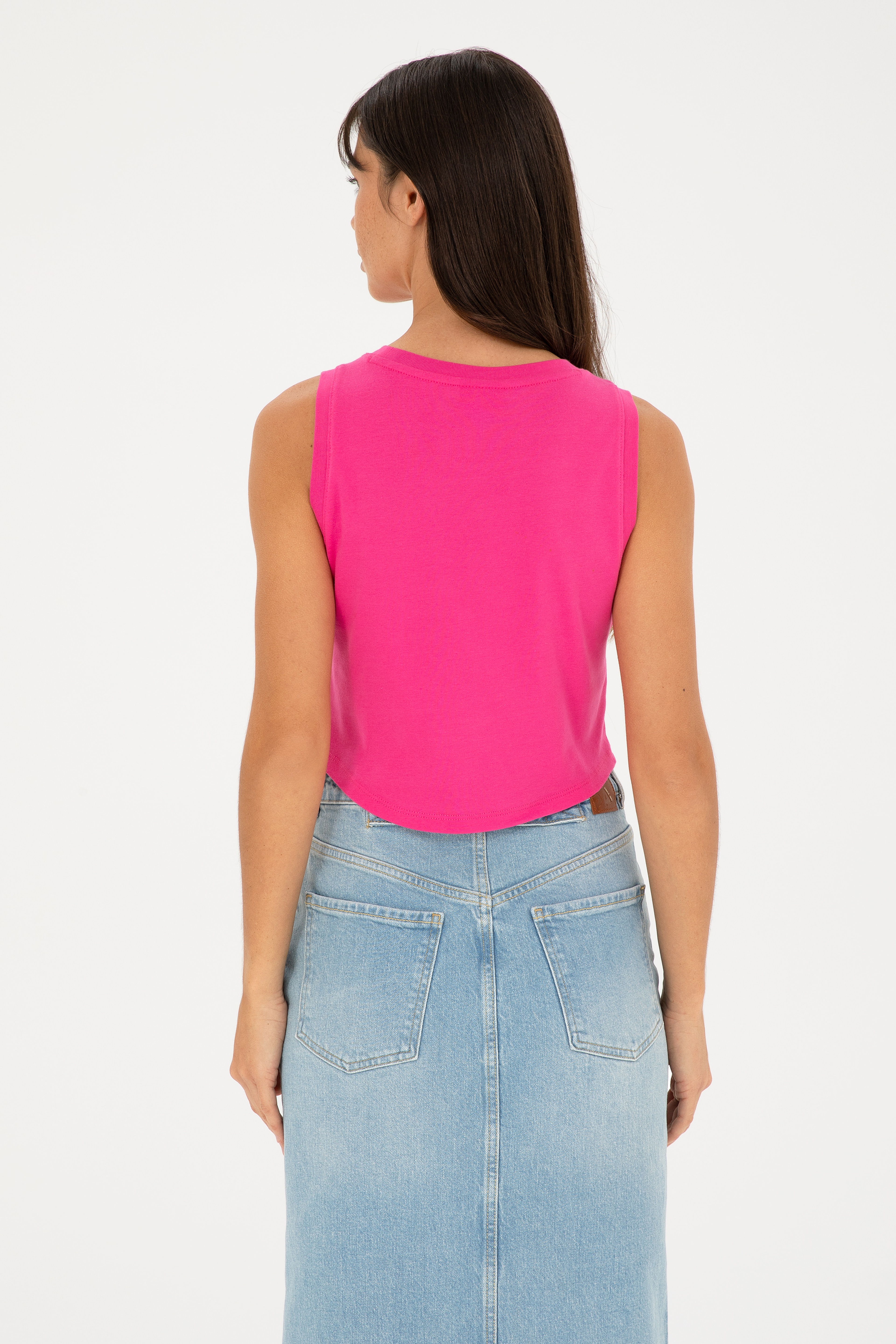 Kadın Fuşya Bisiklet Yaka Crop Basic Tişört