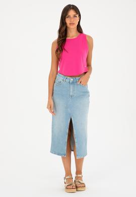 Kadın Fuşya Bisiklet Yaka Crop Basic Tişört - 50288570023