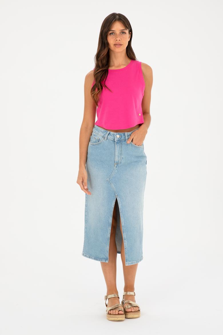 Kadın Fuşya Bisiklet Yaka Crop Basic Tişört - 50288570023