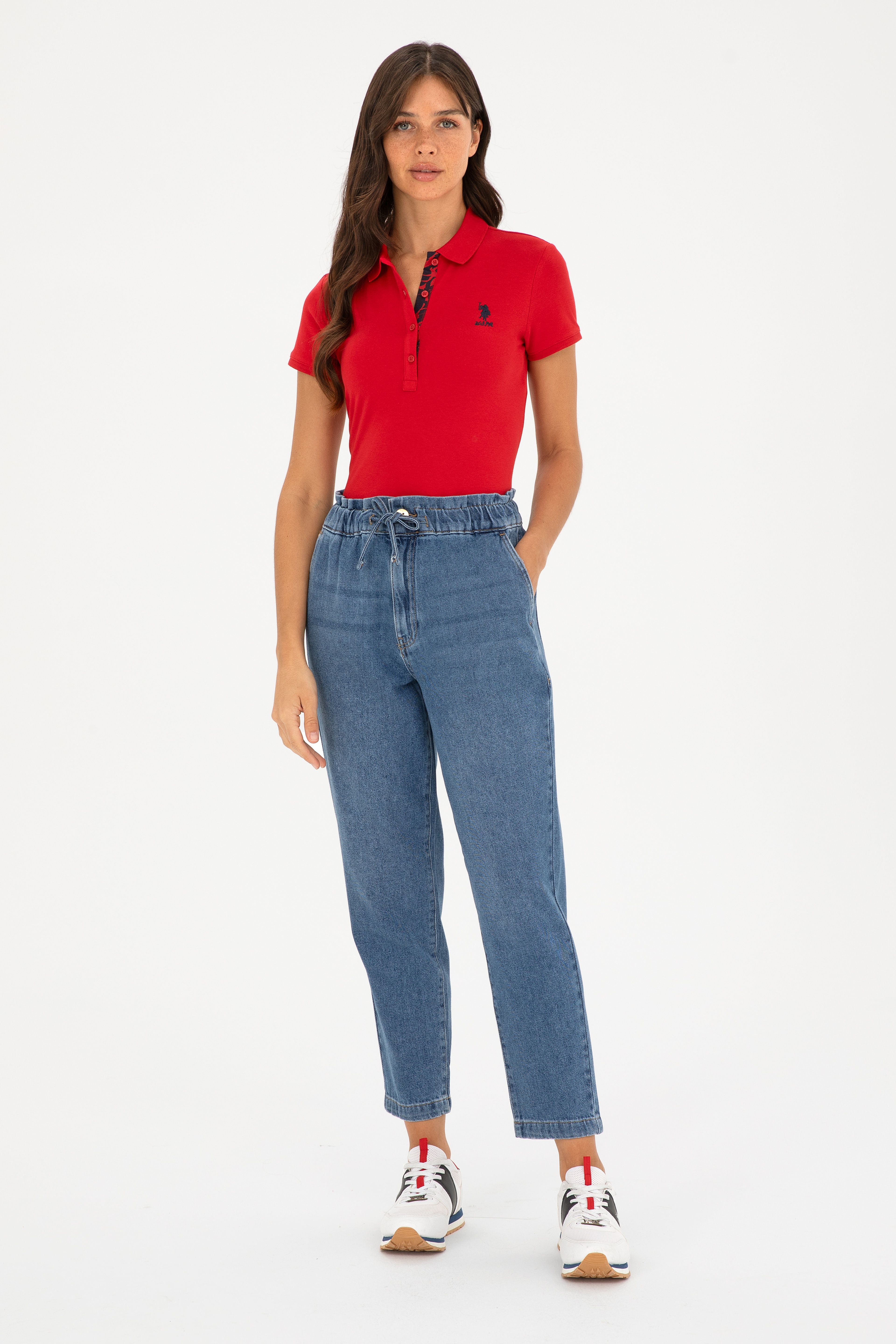 Kadın Kırmızı Basic Polo Yaka Tişört - Image 4