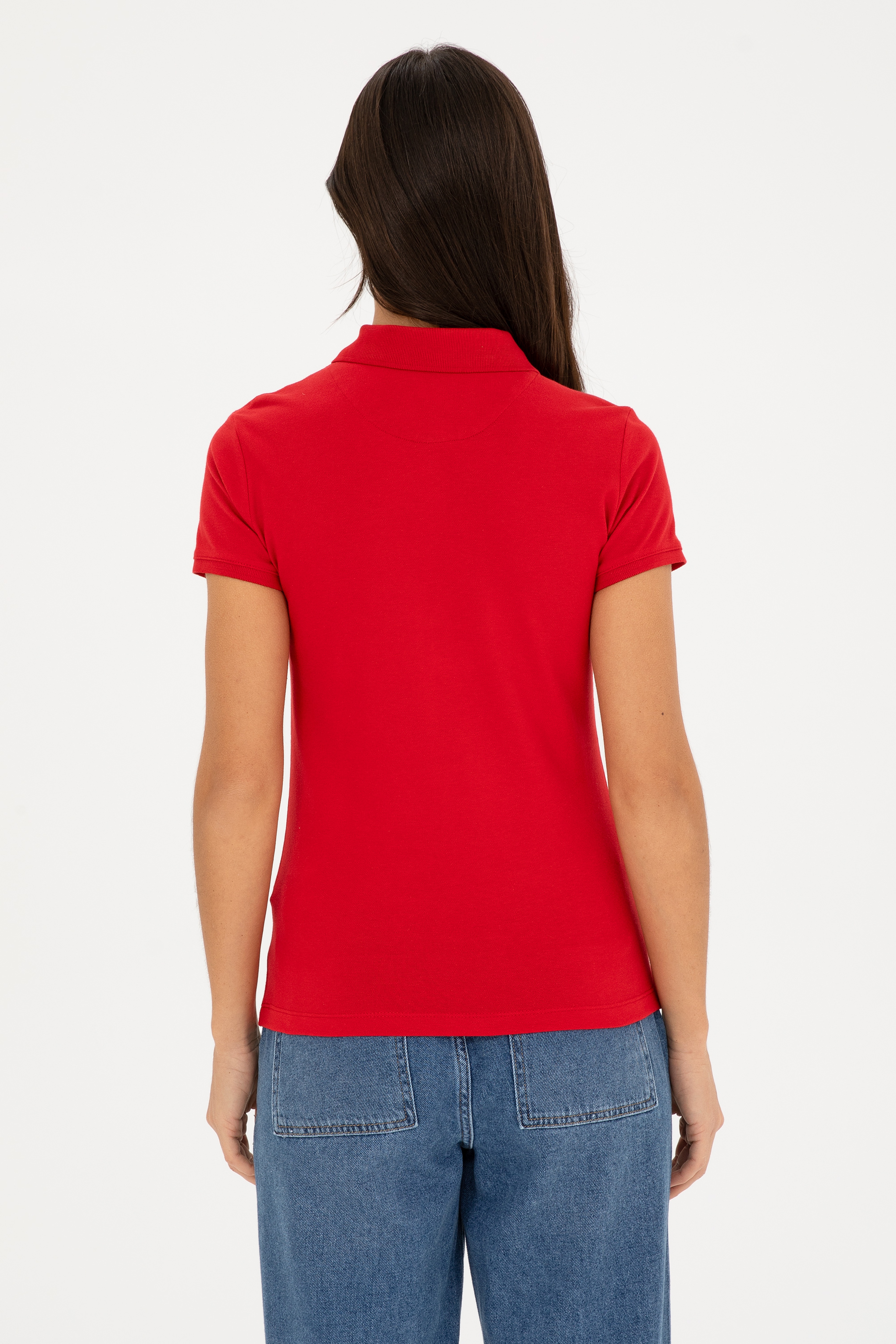 Kadın Kırmızı Basic Polo Yaka Tişört - Image 5