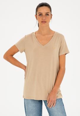 Kadın Açık Haki V Yaka Basic Tişört - 50280019046
