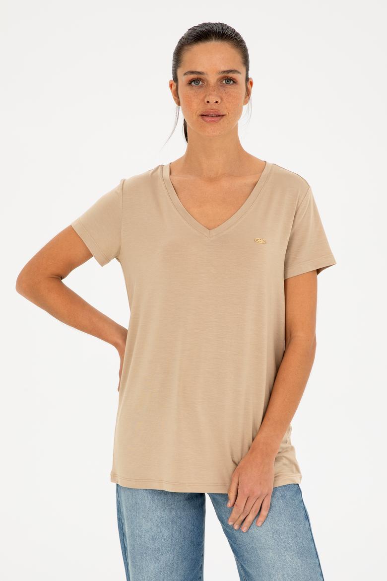 Kadın Açık Haki V Yaka Basic Tişört