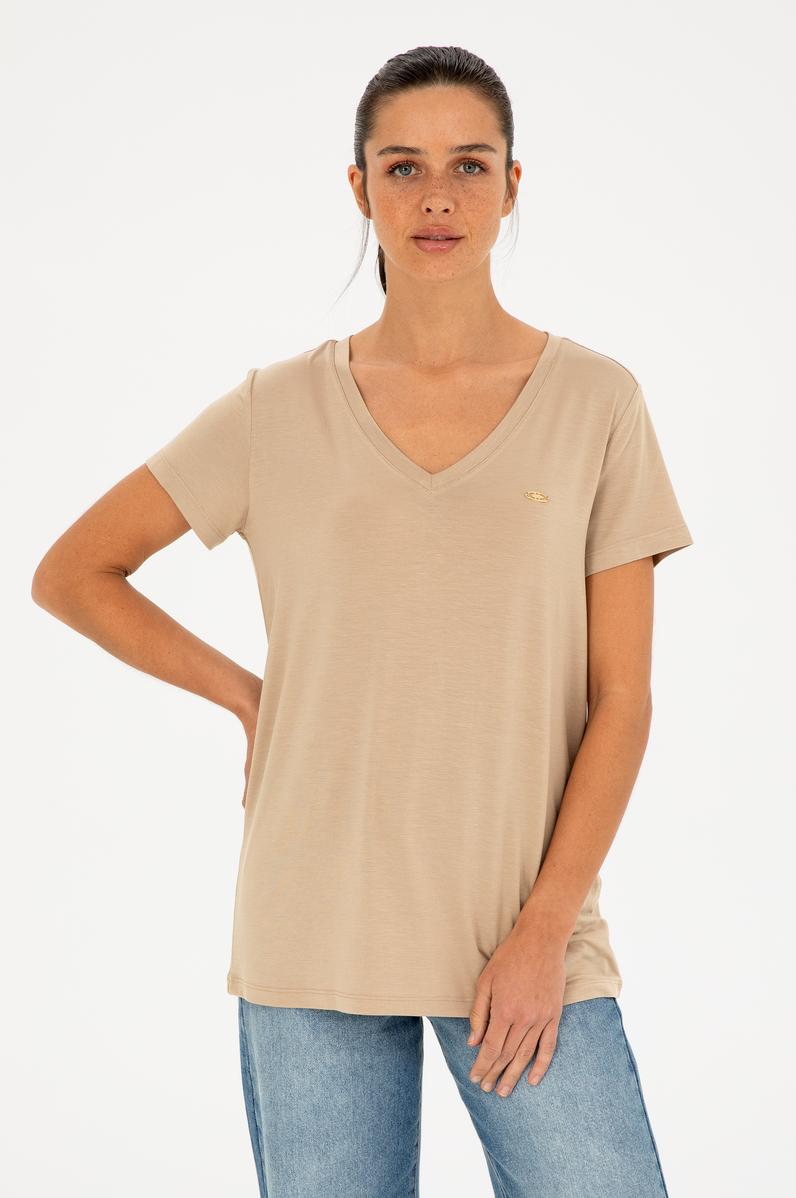 Kadın Açık Haki V Yaka Basic Tişört