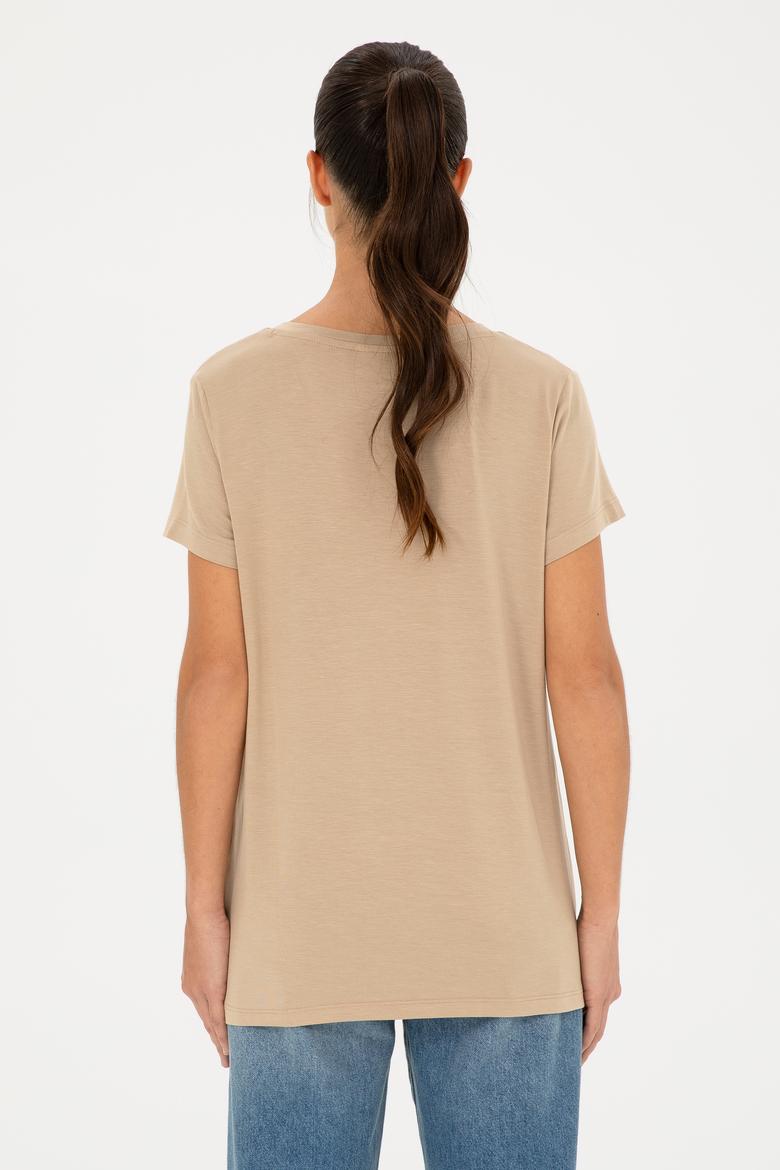 Kadın Açık Haki V Yaka Basic Tişört - 50280019046