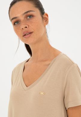 Kadın Açık Haki V Yaka Basic Tişört - 50280019046