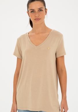Kadın Açık Haki V Yaka Basic Tişört - 50280019046