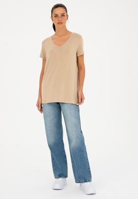 Kadın Açık Haki V Yaka Basic Tişört - 50280019046