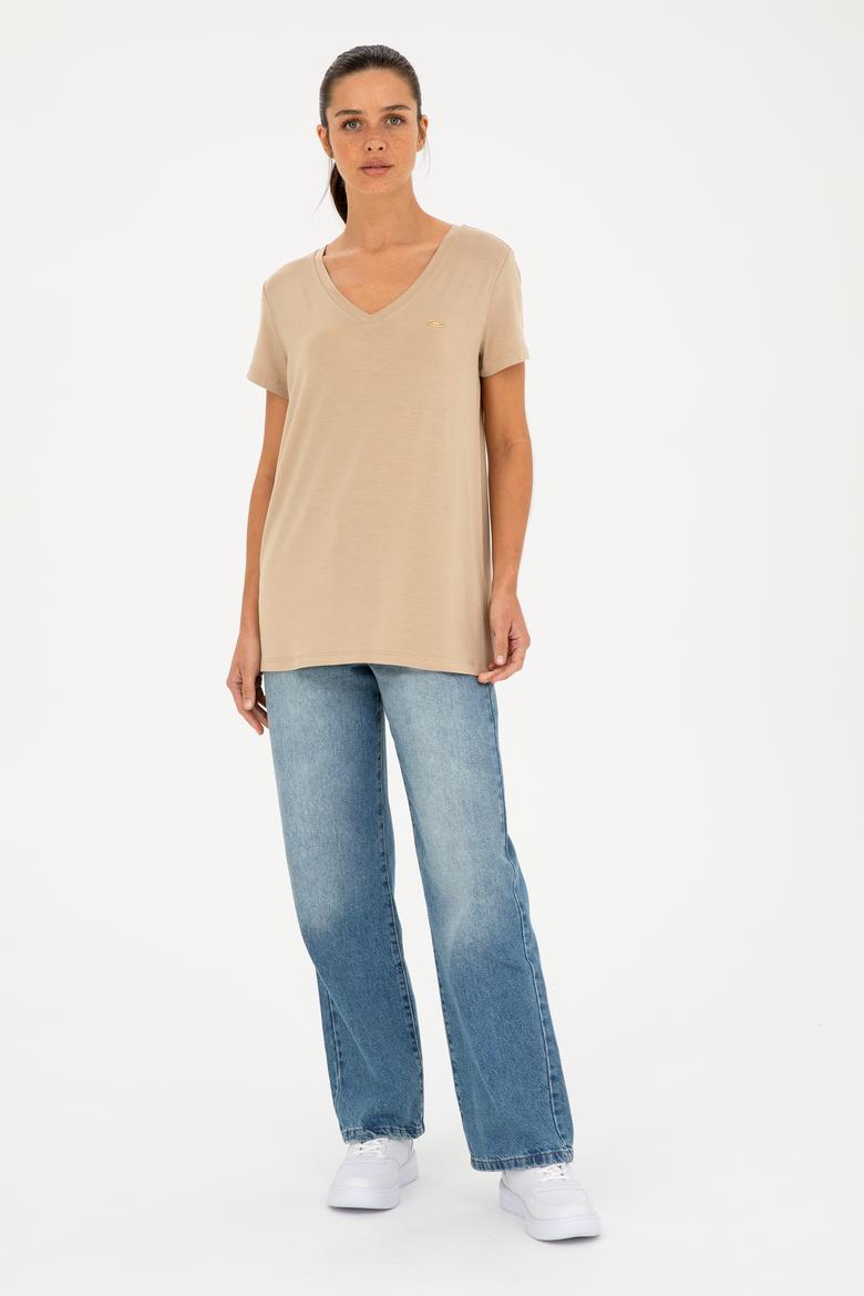 Kadın Açık Haki V Yaka Basic Tişört - 50280019046