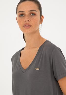 Kadın Antrasit V Yaka Basic Tişört - 50280019193