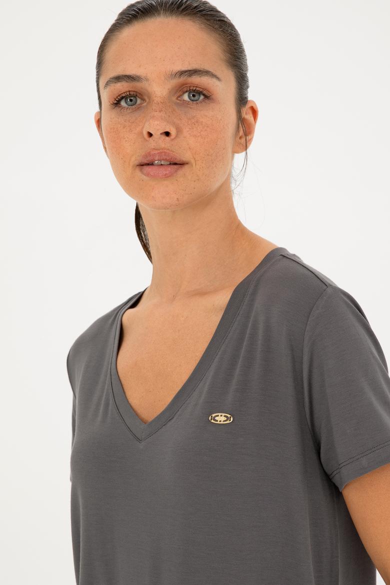 Kadın Antrasit V Yaka Basic Tişört - 50280019193
