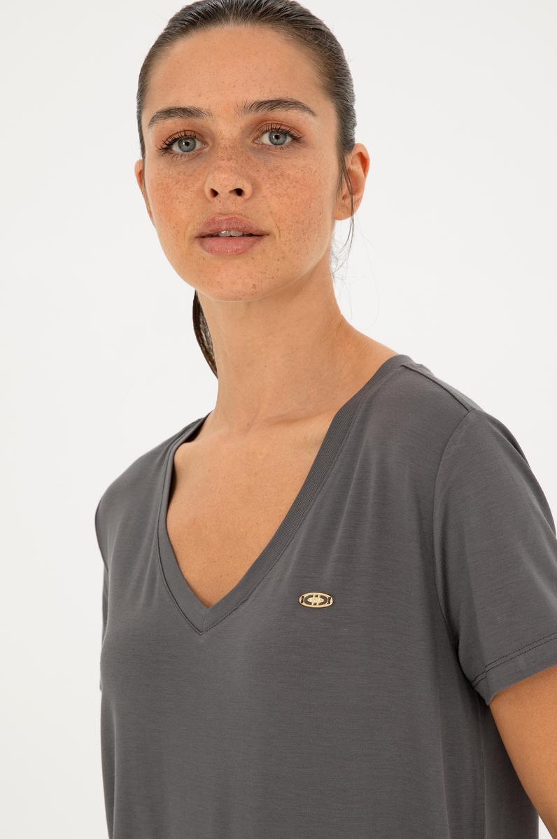 Kadın Antrasit V Yaka Basic Tişört