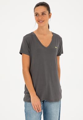 Kadın Antrasit V Yaka Basic Tişört - 50280019193